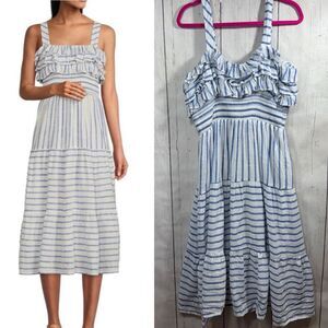 Reba Blue & White Striped Ruffle Midi Dress L Coastal Cowgirl Cottagecore Resort